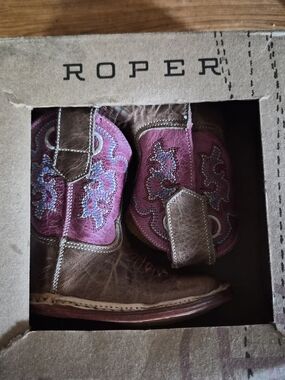 Roper Brown and Pink Kids Western Boots with Blue Embroidery